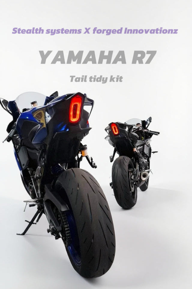 Yamaha R7 motorcycle with 'Stealth systems X forged innovationz' text on a white background