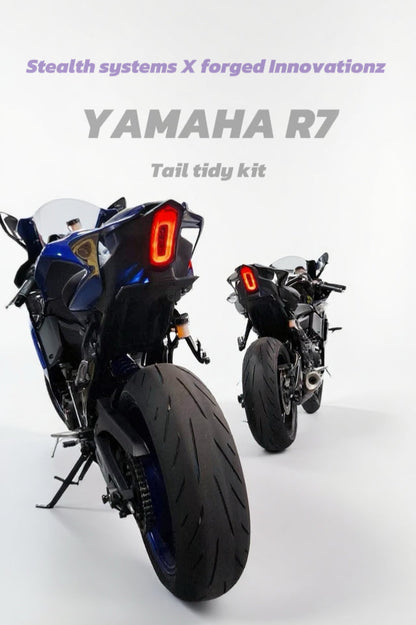 Yamaha R7 motorcycle with 'Stealth systems X forged innovationz' text on a white background